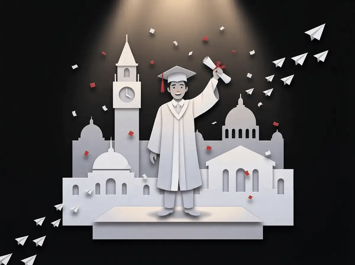Pakistani student celebrating successful visa approval with Study Icon Bahawalpur — top study abroad advisors in Pakistan with 12,000+ success stories for UK, USA, Canada, Australia and Europe, papercut illustration