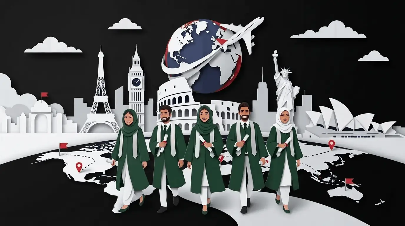 Study Icon Bahawalpur papercraft illustration of graduates and world landmarks on a black background, representing study abroad and visa consultancy services in Bahawalpur, Pakistan for UK, USA, Canada, Australia and Europe